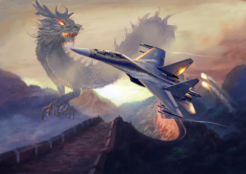 2others absurdres aircraft airplane ambiguous_gender canopy_(aircraft) china cloud dragon eastern_dragon fantasy fighter_jet flare flying great_wall_of_china highres j-16 jet military military_vehicle mirroraptor missile mountain multiple_others original people's_liberation_army people's_liberation_army_air_force twilight vehicle_focus