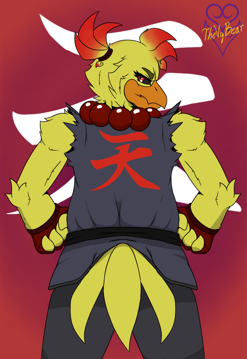 2022 4_fingers accessory akuma_(street_fighter) alternate_form alternate_species anthro anthrofied avian beak big_breasts bird black_belt black_sclera breasts capcom chica_(fnaf) chicken clothed clothing collar cosplay costume crossover crossover_cosplay curvy_figure demon digital_media_(artwork) feathered_wings feathers female fingers five_nights_at_freddy's fully_clothed galliform gallus_(genus) hi_res kanji kanji_on_clothing keikogi looking_at_viewer looking_back martial_arts_uniform non-mammal_breasts orange_beak overweight overweight_anthro overweight_female phasianid rear_view red_eyes scottgames serious_face signature simple_background slightly_chubby slightly_chubby_anthro slightly_chubby_female solo sportswear street_fighter tail_feathers thevgbear thick_thighs video_games wide_hips wings yellow_body yellow_feathers yellow_skin