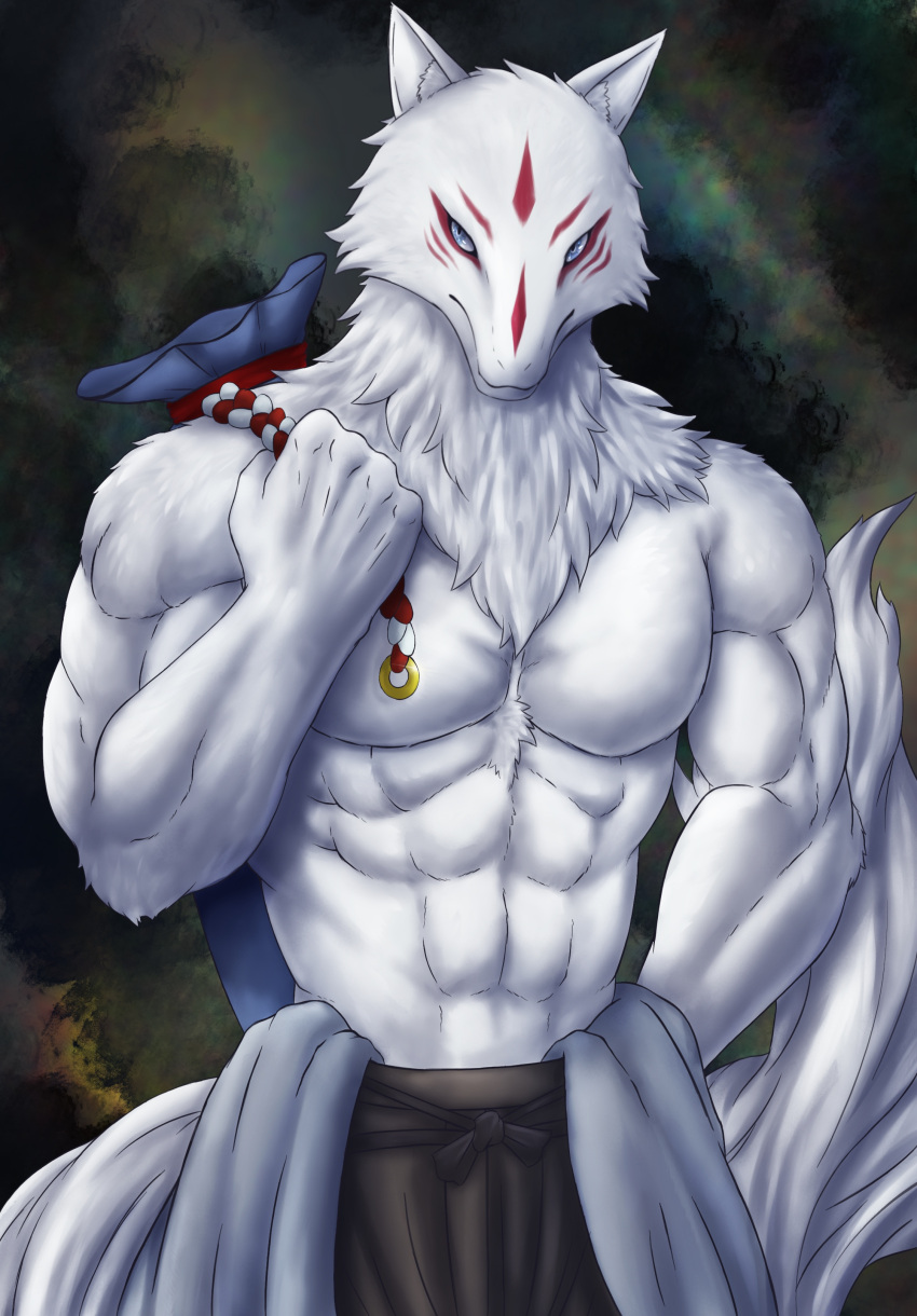 2021 abs absurd_res after_transformation anthro arctic_fox ayakashi bag biceps blue_eyes canid canine chibikoma clothed clothing deity digital_drawing_(artwork) digital_media_(artwork) fox fur ginji guardian hi_res kakuriyo_no_yadomeshi male mammal muscular muscular_anthro muscular_male neck_tuft pecs servant solo topless topless_anthro topless_male tuft white_body white_fur