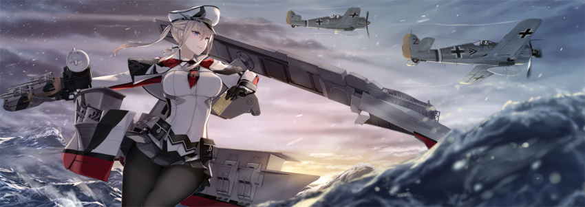 1girl black_pantyhose blonde_hair breasts cannon capelet celtic_knot cover cowboy_shot cross flight_deck graf_zeppelin_(kancolle) grey_eyes hair_between_eyes hat iron_cross jacket kantai_collection large_breasts machinery military military_hat military_uniform miniskirt necktie pantyhose peaked_cap rokuwata_tomoe sidelocks skirt solo turret twintails uniform