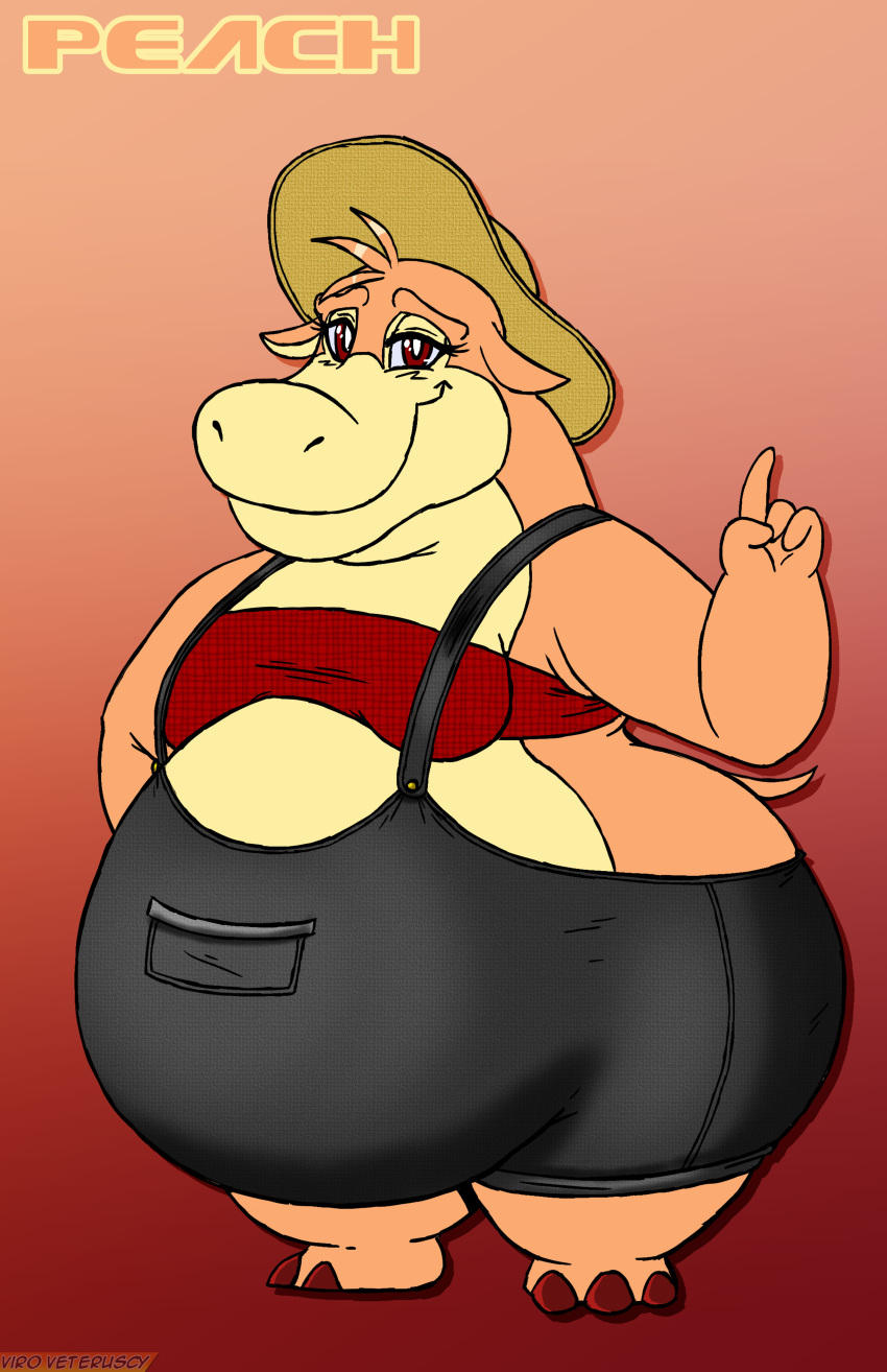 absurd_res anthro belly big_belly big_butt breasts butt clothing common_hippopotamus digital_media_(artwork) english_text female hat headgear headwear hi_res hippopotamid huge_butt huge_thighs mammal multicolored_body obese obese_anthro obese_female overalls overweight overweight_anthro overweight_female peach_(viroveteruscy) red_eyes solo text thick_thighs topwear two_tone_body viroveteruscy warning_cream_filled