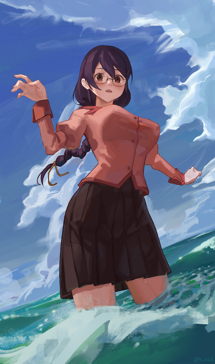 1girl absurdres bakemonogatari bangs black-framed_eyewear black_hair black_skirt blush braid breasts brown_eyes cloud cloudy_sky covered_nipples cowboy_shot day dutch_angle glasses hair_between_eyes hair_ornament hair_ribbon hairclip hand_up hanekawa_tsubasa highres in_water juliet_sleeves large_breasts long_hair long_sleeves looking_at_viewer medium_skirt monogatari_(series) naoetsu_high_school_uniform ocean open_mouth outdoors outstretched_arm pink_shirt pleated_skirt puffy_sleeves ribbon school_uniform semi-rimless_eyewear shirt sidelocks skirt sky solo straight_hair teeth toxic_(toxicv) twitter_username upper_teeth_only very_long_hair yellow_ribbon