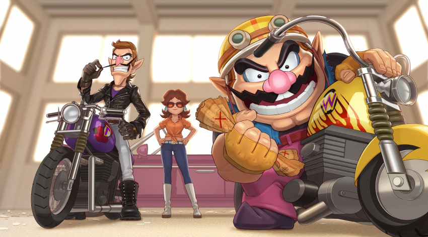 breasts cropped earrings evil_grin evil_smile fat fat_man flower_earrings gaku_kumatori grin ground_vehicle helmet highres jacket jewelry leather leather_jacket looking_at_viewer map mario_(series) motor_vehicle motorcycle motorcycle_helmet princess_daisy smile sunglasses super_mario_land waluigi wario warioware