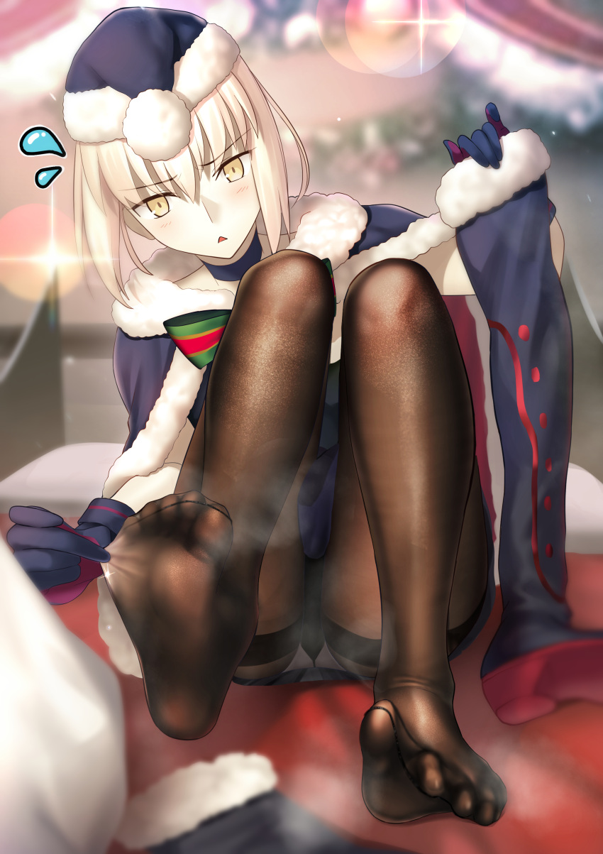 1girl absurdres artoria_pendragon_(fate) bangs besmiled black_cape black_dress black_headwear black_ribbon black_santa_costume blonde_hair blue_footwear boots boots_removed braid breasts brown_pantyhose cape dress fate/grand_order fate_(series) feet french_braid fur-trimmed_cape fur-trimmed_dress fur-trimmed_headwear fur_trim gusset hair_ribbon hat highres legs long_hair looking_at_viewer medium_breasts no_shoes pantyhose revision ribbon santa_alter santa_costume santa_hat sidelocks sitting smell soles solo spread_toes thigh_boots thighband_pantyhose toes yellow_eyes
