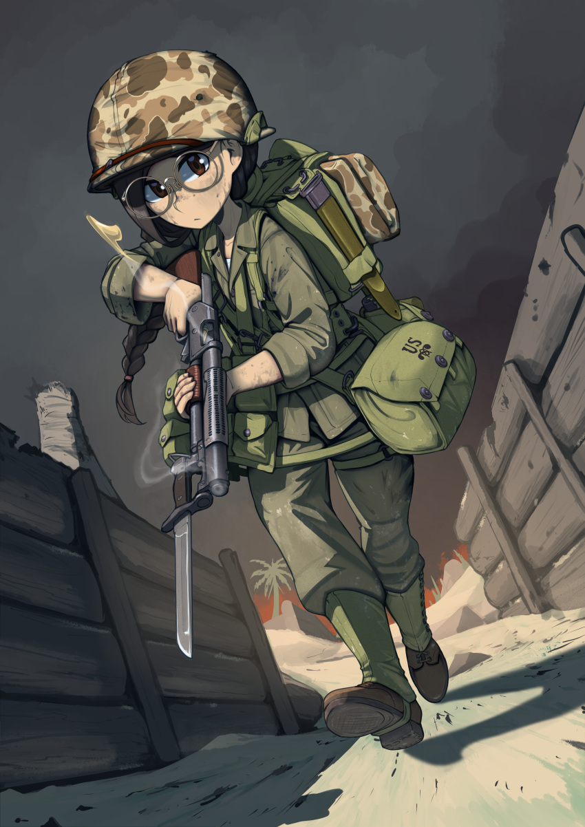 1girl absurdres alternate_costume bayonet black_hair braid brown_eyes camouflage_helmet chest_rig closed_mouth commentary dirty dirty_face english_commentary erica_(naze1940) fukuda_haru girls_und_panzer glasses green_jacket green_pants gun hair_tie helmet highres holding holding_gun holding_weapon jacket long_hair long_sleeves looking_at_viewer low_twin_braids low_twintails military military_helmet military_uniform original pants round_eyewear shotgun sleeves_rolled_up smoke solo standing trench twin_braids twintails uniform united_states_marine_corps weapon winchester_model_1897 world_war_ii