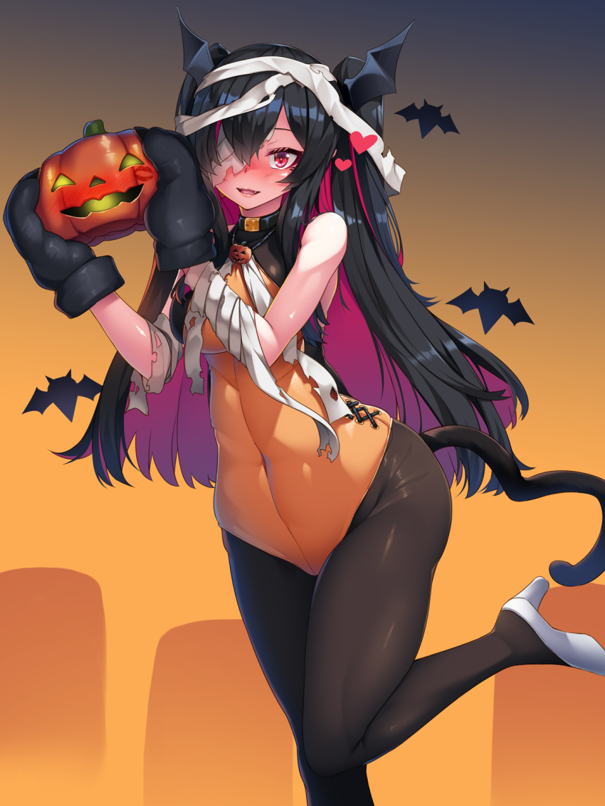 1girl arata bandage_over_one_eye bandages bat_(animal) bat_wings black_hair black_pantyhose blurry blurry_background blush breasts colored_inner_hair commentary_request covered_navel fake_tail fang foot_out_of_frame genderswap genderswap_(mtf) gloves gradient gradient_background groin hair_between_eyes heart high_heels highres jack-o'-lantern knees_together_feet_apart leotard long_hair looking_at_viewer medium_breasts multicolored_hair open_mouth orange_leotard pantyhose paw_mittens pink_hair red_eyes ren_(witch's_weapon) smile tail very_long_hair white_footwear wide_hips wing_hair_ornament wings witch's_weapon
