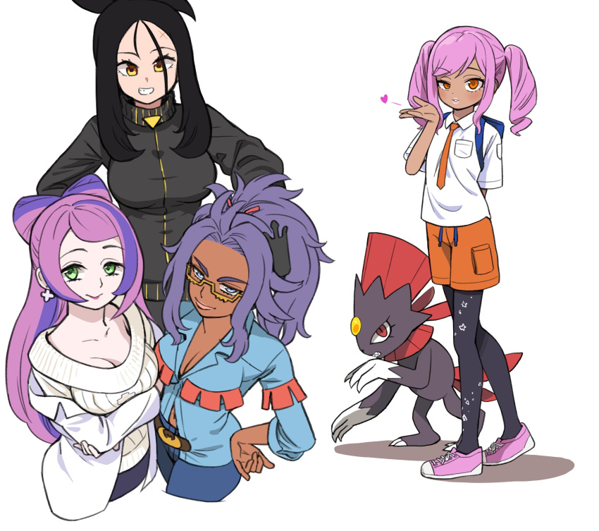 4girls backpack bag black_hair black_jacket black_pantyhose blowing_kiss blue_pants blue_shirt bow-shaped_hair breasts cleavage closed_mouth cosplay dark-skinned_female dark_skin dendra_(pokemon) glasses grin hand_on_hip highres jacket juliana_(pokemon) juliana_(pokemon)_(cosplay) labcoat looking_at_viewer miriam_(pokemon) multiple_girls orange_eyes orange_shorts original pants pantyhose pink_hair pink_lips pokemon pokemon_(creature) pokemon_(game) pokemon_sv ponytail purple_hair raifort_(pokemon) sabaku_chitai semi-rimless_eyewear shirt shorts simple_background smile twintails under-rim_eyewear weavile white_background white_shirt