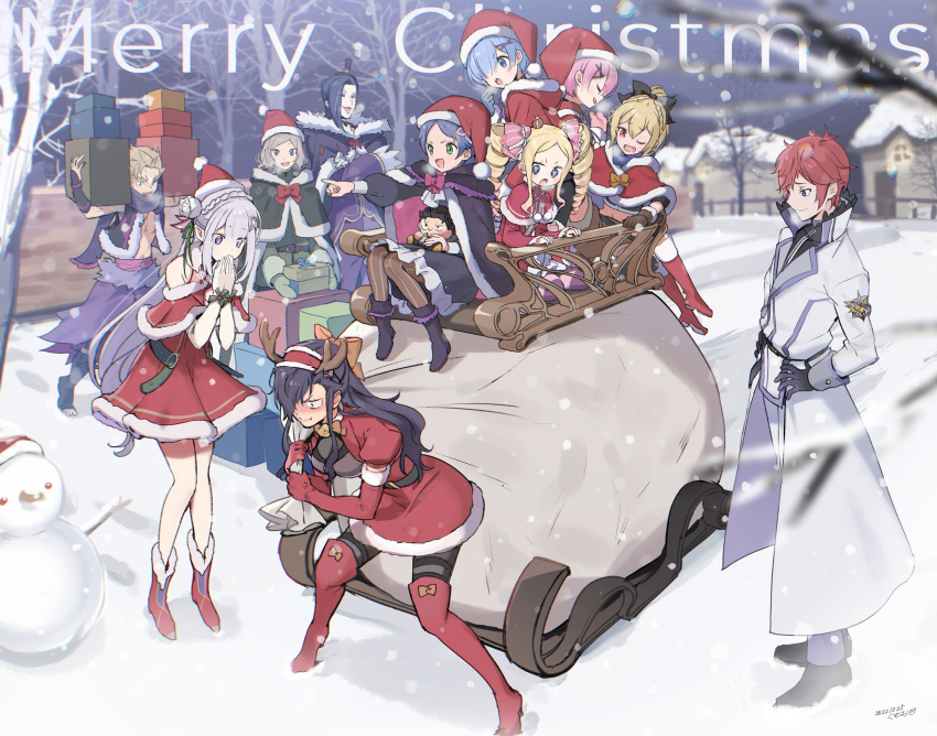 5boys 6+girls alternate_costume beatrice_(re:zero) black_eyes black_hair blonde_hair blue_eyes blue_hair christmas christmas_present cosplay crossdressing drill_hair elf emilia_(re:zero) felt_(re:zero) forest garfiel_tinsel gift green_eyes grey_hair hair_over_one_eye hair_ribbon hat highres kumuo_(mirakurufusao) long_hair meili_portroute merry_christmas multiple_boys multiple_girls natsuki_subaru natsumi_schwarz nature open_mouth otoko_no_ko otto_suewen outdoors pink_hair pointy_ears purple_eyes ram_(re:zero) re:zero_kara_hajimeru_isekai_seikatsu red_eyes red_hair reinhard_van_astrea rem_(re:zero) ribbon roswaal_l._mathers sanpaku santa_costume santa_hat short_hair sleigh snow snowman twin_drills very_long_hair village