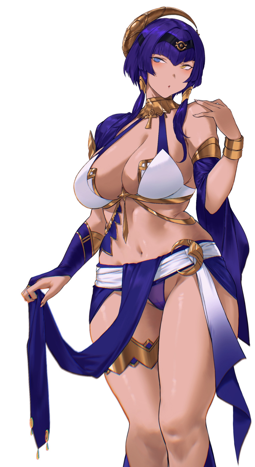 1girl absurdres ankh black_hairband blue_hair breasts candace_(genshin_impact) cleavage dark-skinned_female dark_skin egyptian egyptian_clothes eye_of_horus genshin_impact gold_choker gold_trim hairband heterochromia highres jewelry large_breasts looking_to_the_side navel neck_ring rowkiba short_hair_with_long_locks solo thighlet white_background yellow_eyes