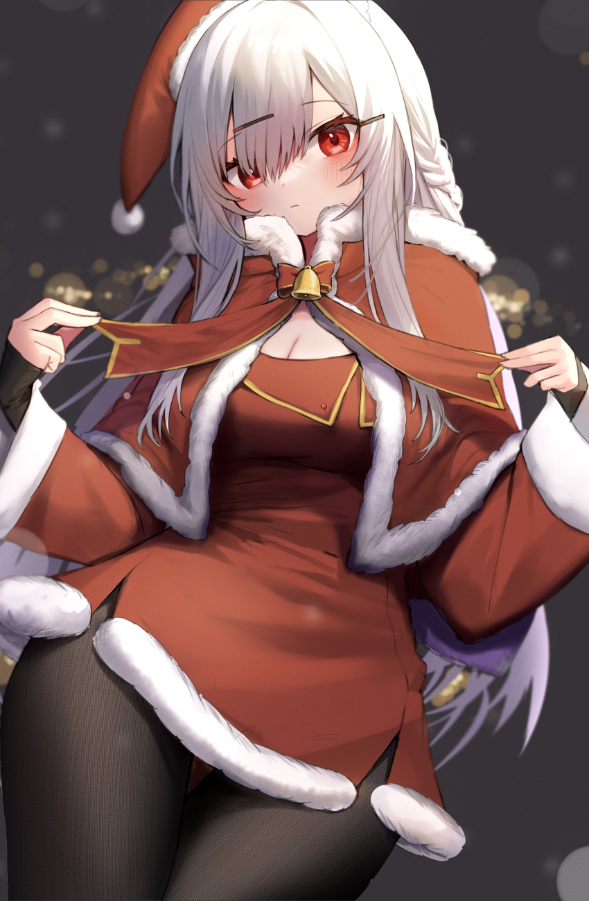 1girl absurdres bell black_pantyhose blush breasts capelet christmas cleavage closed_mouth commentary_request daifukumochi_(akaaokiiwo) hair_between_eyes hair_ornament hairclip hat highres long_sleeves looking_at_viewer medium_breasts original pantyhose red_capelet red_eyes red_headwear revision santa_hat solo white_hair