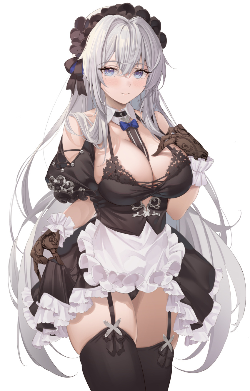 1girl apron bangs bare_shoulders between_breasts black_dress black_thighhighs blue_bow blue_bowtie blue_eyes bow bowtie breasts brown_gloves cleavage closed_mouth cowboy_shot detached_collar dress frilled_apron frilled_dress frills garter_straps gloves grey_hair greyscale hair_between_eyes highres large_breasts long_hair looking_at_viewer maid maid_headdress monochrome original revision sg_(satoumogumogu) short_sleeves simple_background skirt_hold smile solo standing thighhighs very_long_hair white_background