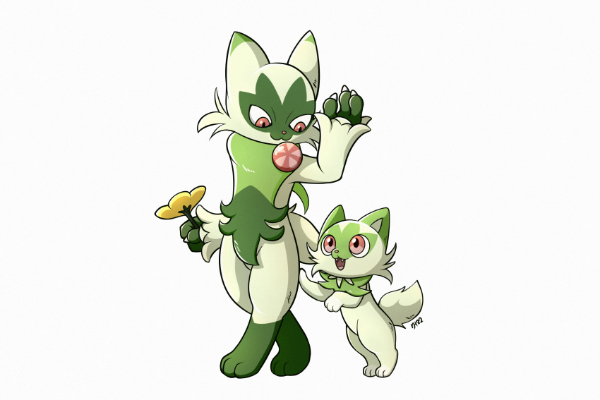 2022 :3 ambiguous_gender anthro belly_tuft cheek_tuft claws cute_fangs digitigrade dipstick_ears duo eye_contact facial_tuft featureless_crotch felid feline feral floragato flower fluffy fluffy_tail generation_9_pokemon gloves_(marking) hi_res holding_flower holding_object kjh_22 leg_markings looking_at_another looking_down looking_up mammal markings multicolored_ears neck_tuft nintendo nude on_hind_legs open_mouth open_smile pink_eyes pink_nose plant pokemon pokemon_(species) simple_background smile socks_(marking) sprigatito standing tuft white_background white_claws yellow_flower