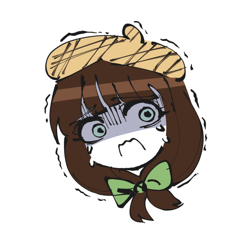 1girl atoymk bangs bow brown_hair colored_skin commentary crying crying_with_eyes_open gibberish_commentary green_bow green_eyes hair_bow hat highres nijiue_iroha open_mouth simple_background sketch solo super_danganronpa_another_2 tears trembling turn_pale white_background white_skin yellow_headwear