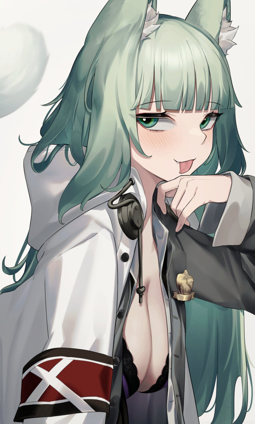 1girl :p animal_ear_fluff animal_ears arknights armband badge bangs blunt_bangs blush bra breasts cat_ears cat_girl cat_tail cleavage closed_mouth coat collarbone commentary fang from_side hand_on_own_chin harmonie_(arknights) highres hood hoodie jacket lace-trimmed_bra lace_trim licking licking_hand lingerie long_hair long_sleeves looking_at_viewer multicolored_clothes multicolored_jacket open_clothes open_coat purple_bra sidelocks simple_background smile solo solo_focus tail tongue tongue_out two-tone_jacket underwear upper_body very_long_hair wakamepiza white_background