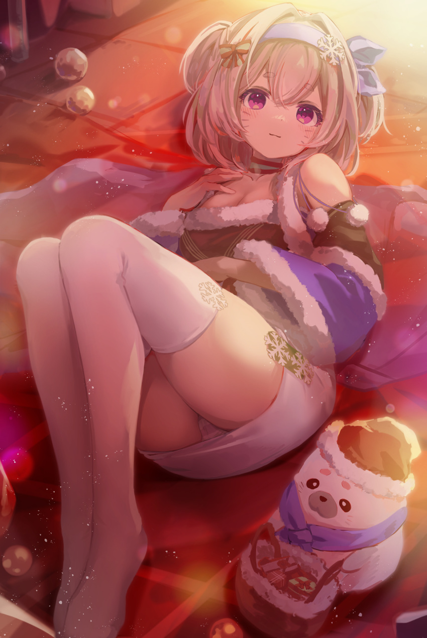 1girl arknights blue_hairband breasts cleavage closed_mouth cy_fros detached_sleeves facial_mark fur-trimmed_sleeves fur_trim hair_ornament hairband highres legs_together long_sleeves looking_at_viewer lying medium_breasts on_back panties pudding_(arknights) purple_eyes red_shirt seal_(animal) shirt skirt smile snowflake_hair_ornament solo thighhighs underwear whisker_markings white_skirt white_thighhighs wide_sleeves