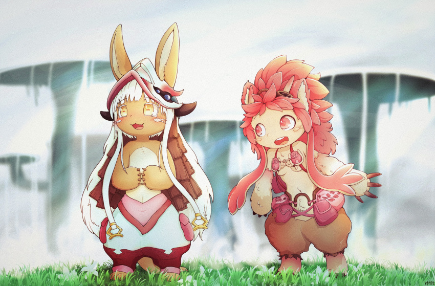 2022 anthro armor backpack baggy_pants barefoot belt big_hair blurred_background blush blush_lines breasts bright chest_tuft claw_fingers detailed_background duo featureless_crotch feet female front_view full-length_portrait grainy grass hair headgear helmet hi_res kjh_22 lagomorph long_hair looking_at_another made_in_abyss male mammal mitty nanachi narehate navel open_mouth open_smile outside pink_eyes pink_hair plant portrait small_breasts smile snaggle_tooth standing thick_thighs tuft utility_belt whiskers white_hair yellow_eyes