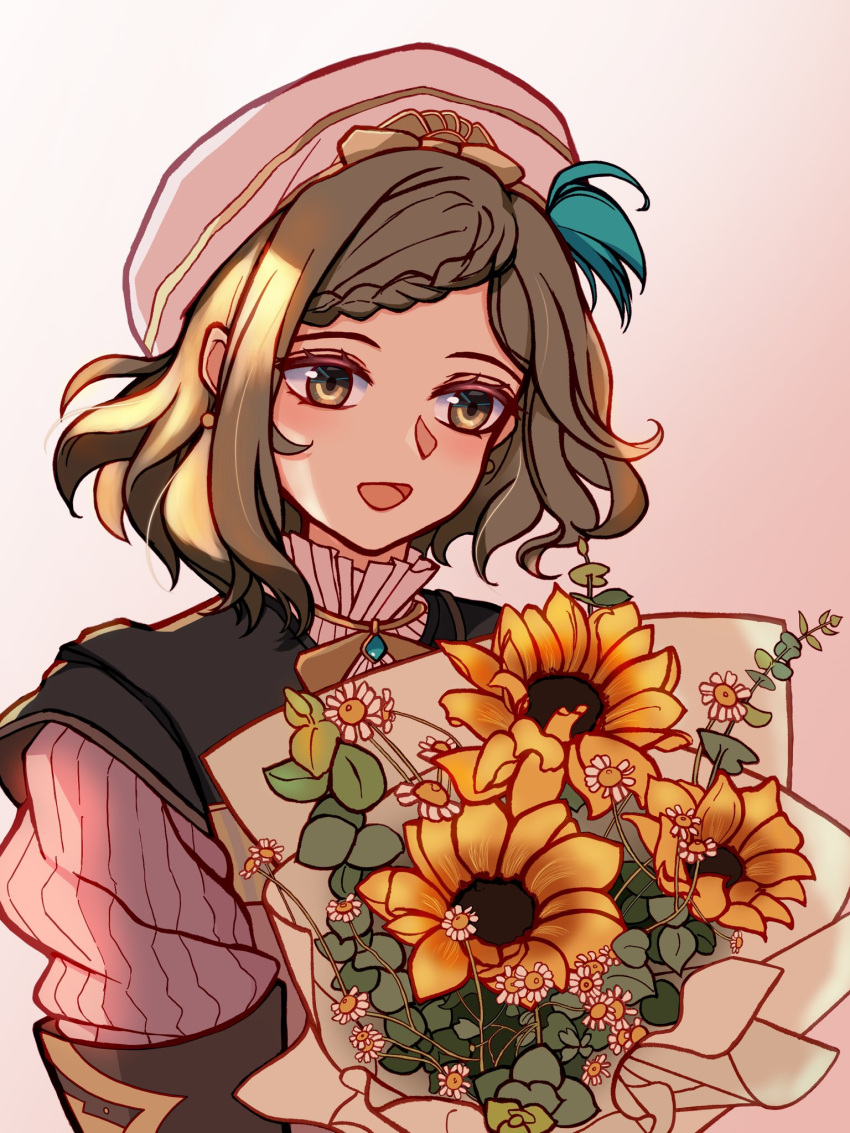 1girl bouquet braid flower grey_eyes grey_hair hat highres holding holding_bouquet krysha_pendleton riwancece_428 simple_background smile solo sunflower upper_body ys ys_ix_monstrum_nox