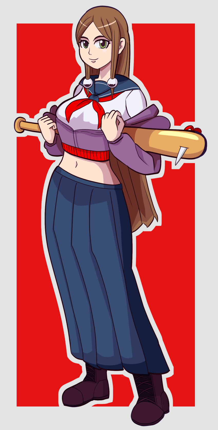 1girl absurdres baseball_bat border brown_hair full_body highres long_hair looking_at_viewer midriff original red_background school_uniform serafuku simple_background skirt spiked_bat sukeban uniform watermark white_border whiteknot yankee