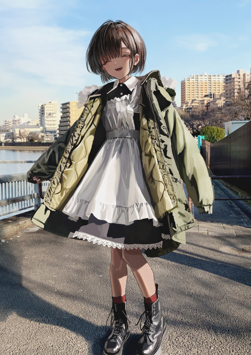 1girl ^_^ ^o^ apron bangs black_dress blue_sky blunt_bangs boots brown_hair building city closed_eyes cloud collared_dress combat_boots day dress fence fur-trimmed_hood fur_trim green_jacket hair_behind_ear highres hood hood_down jacket knees_together_feet_apart lace_trim light_blush maid maid_apron nadegata open_clothes open_jacket original outdoors photo_background red_socks river shadow short_hair sky sleeves_past_fingers sleeves_past_wrists smile socks solo standing tree urban