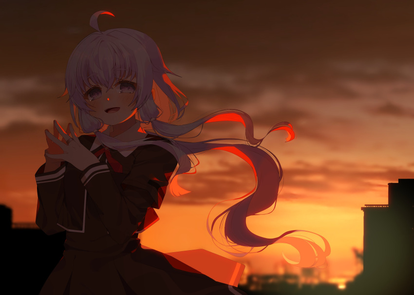 1girl :d ahoge amane_hikari bangs black_dress black_jacket blue_hair blurry blurry_background blush city collared_dress cropped_jacket cross_tie crying crying_with_eyes_open daitou_academy_school_uniform dress grey_eyes highres jacket jewelry layered_sleeves long_hair long_sleeves looking_at_viewer low_tied_sidelocks magia_record:_mahou_shoujo_madoka_magica_gaiden mahou_shoujo_madoka_magica necktie outdoors red_necktie ring sad_smile school_uniform sena_mikoto short_dress short_over_long_sleeves short_sleeves sidelocks smile solo steepled_fingers sunset tears tri_tails upper_body very_long_hair