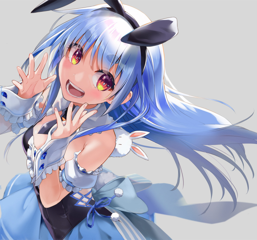 1girl :d alternate_hairstyle animal_ears armpit_crease bare_shoulders black_dress black_necktie blue_hair blue_ribbon blue_skirt blush breasts bunny-shaped_pupils buttons commentary cropped_legs detached_sleeves don-chan_(usada_pekora) dress eretto extra_ears fake_animal_ears floating_hair frilled_sleeves frills fur_scarf hair_over_eyes hands_up headband hikimayu hololive long_hair looking_at_viewer multicolored_hair necktie open_mouth orange_eyes pleated_skirt puffy_sleeves rabbit_ears rabbit_girl rabbit_tail ribbon scarf short_eyebrows short_sleeves simple_background skirt small_breasts smile solo solo_focus symbol-shaped_pupils tail thick_eyebrows two-tone_hair usada_pekora white_background white_hair white_scarf wrist_cuffs