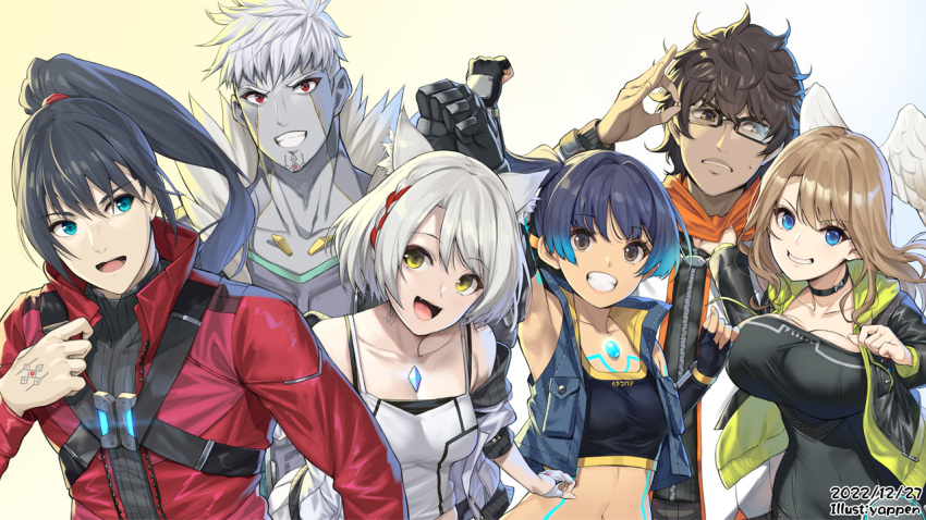 3boys 3girls black_hair brown_hair camisole chest_jewel colored_skin crop_top dark-skinned_male dark_skin dated eunie_(xenoblade) fiery_hair glasses green_hoodie grey_hair grey_skin head_wings hood hoodie jacket lanz_(xenoblade) mio_(xenoblade) mixed-language_commentary multiple_boys multiple_girls noah_(xenoblade) sena_(xenoblade) side_ponytail smile taion_(xenoblade) tank_top upper_body white_camisole white_tank_top white_wings wings xenoblade_chronicles_(series) xenoblade_chronicles_3 yappen
