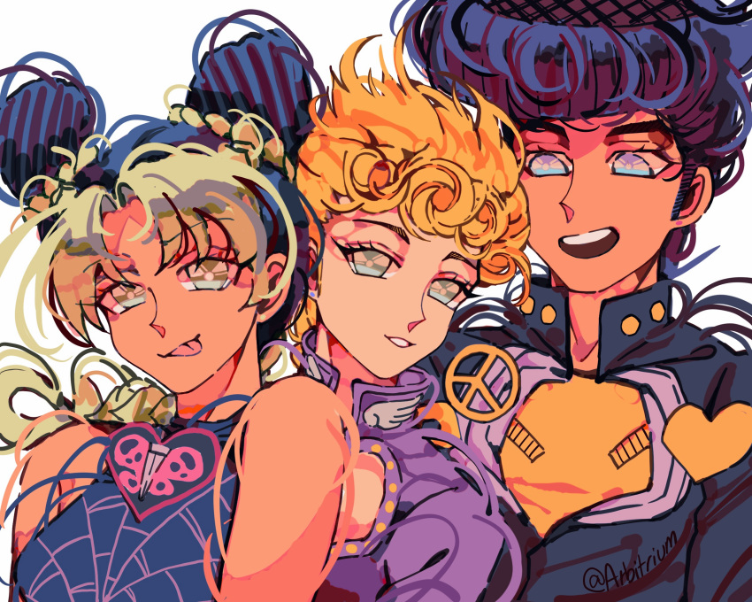 1girl 2boys arbitrium black_hair blonde_hair blue_eyes braid braided_ponytail diamond_wa_kudakenai double_bun giorno_giovanna green_eyes hair_bun heart higashikata_josuke highres jojo_no_kimyou_na_bouken kujo_jolyne multicolored_hair multiple_boys peace_symbol pompadour stone_ocean two-tone_hair vento_aureo