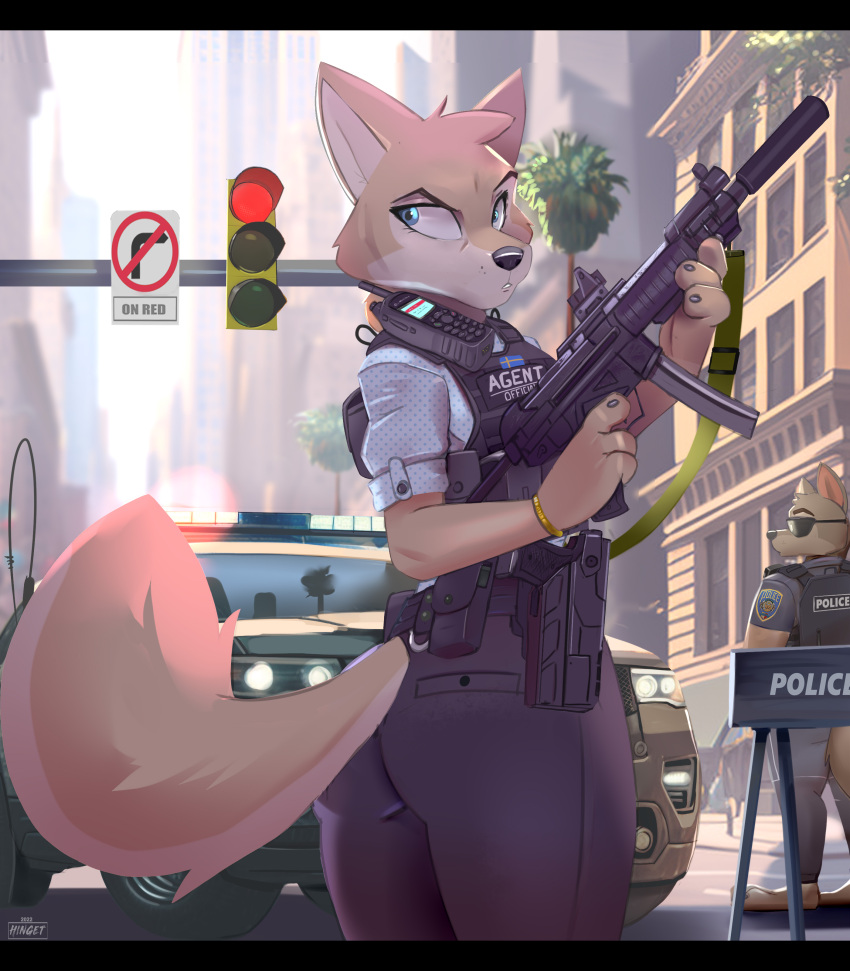 2022 absurd_res anthro black_bars building butt canid canine canis city digital_media_(artwork) female female_focus gun hi_res hinget looking_back male mammal police_officer ranged_weapon sign skyscraper solo solo_focus traffic_light walkie-talkie weapon widescreen wolf