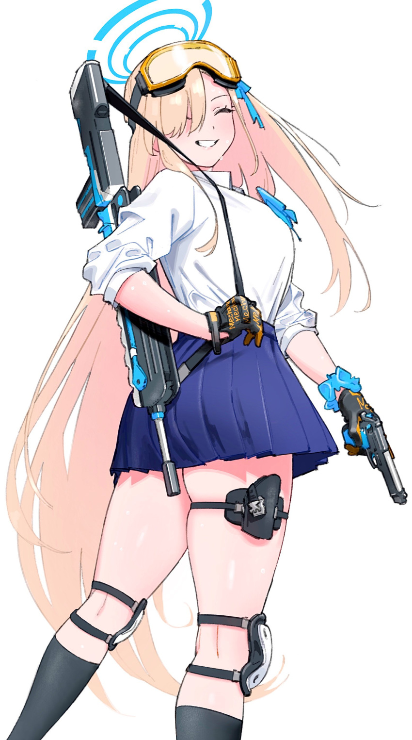 1girl absurdres assault_rifle asuna_(blue_archive) blue_archive blue_scrunchie bullpup closed_eyes collared_shirt famas gloves goggles goggles_on_head gun hair_over_one_eye halo handgun highres holding holding_weapon holster knee_pads light_brown_hair long_hair pleated_skirt rifle saitama_(antitankromeo) school_uniform scrunchie serafuku shirt skirt sleeves_rolled_up smile socks standing thigh_holster weapon white_background white_shirt wrist_scrunchie