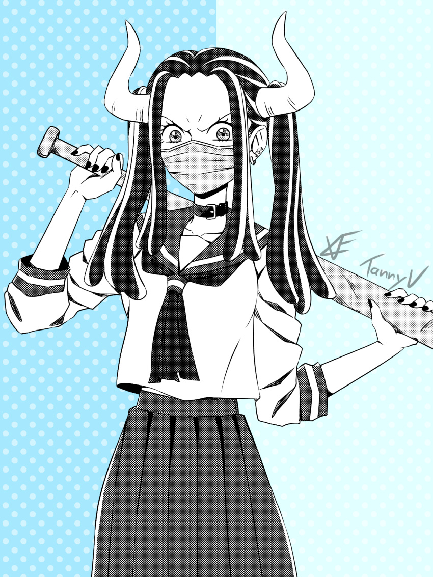 baseball_bat blue_background dress ear_piercing earrings highres holding holding_weapon horns jewelry mask mouth_mask one_piece piercing school_uniform signature simple_background sukeban surgical_mask tanny_v ulti_(one_piece) watermark weapon yankee