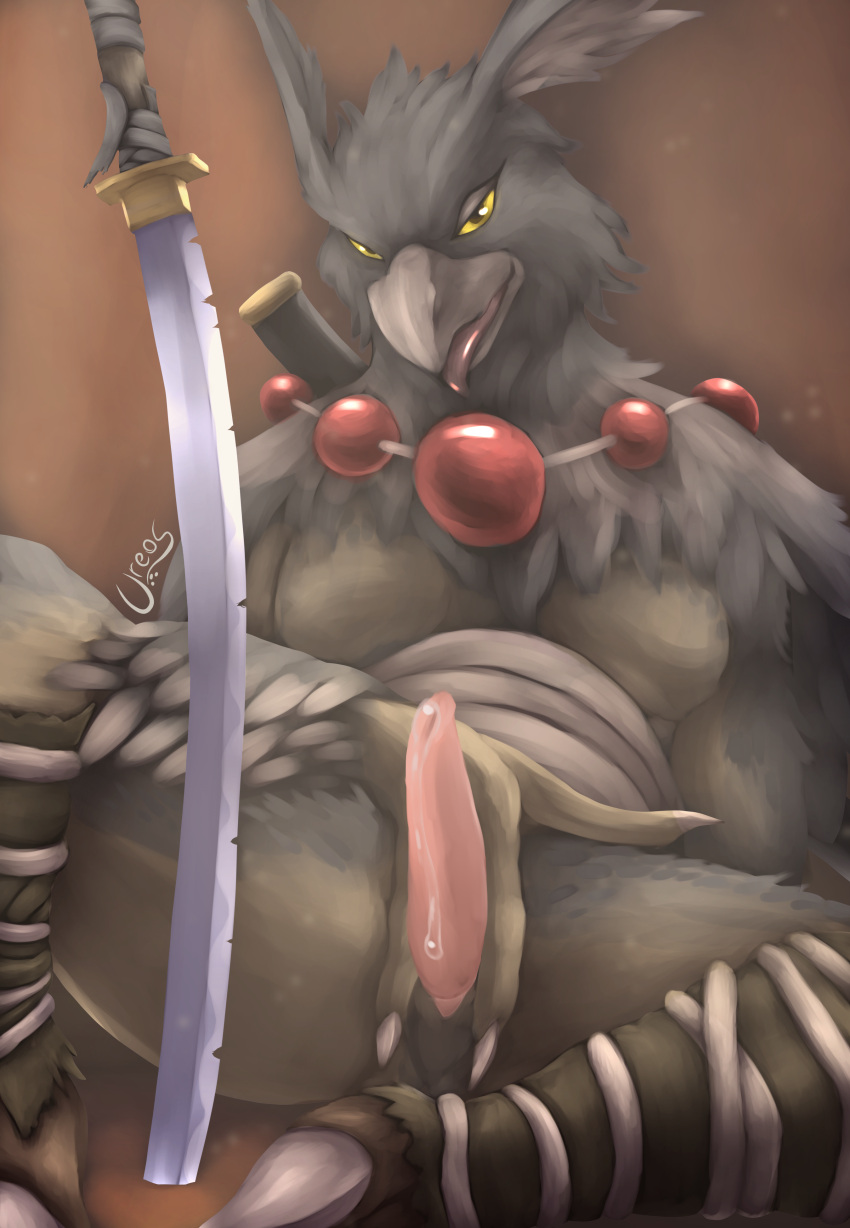 absurd_res anthro beastman_(ff) feathers final_fantasy final_fantasy_xi genitals hi_res katana looking_at_viewer male melee_weapon penis presenting presenting_penis sitting solo solo_focus square_enix sword tongue tongue_out ureos_(artist) weapon yagudo