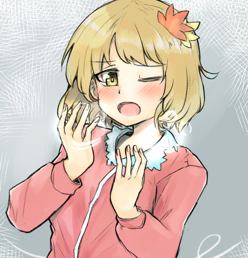 1girl aki_shizuha blonde_hair blush breath cold fingernails ginnkei hair_ornament highres leaf_hair_ornament long_sleeves one_eye_closed open_mouth red_shirt shirt short_hair solo touhou upper_body yellow_eyes