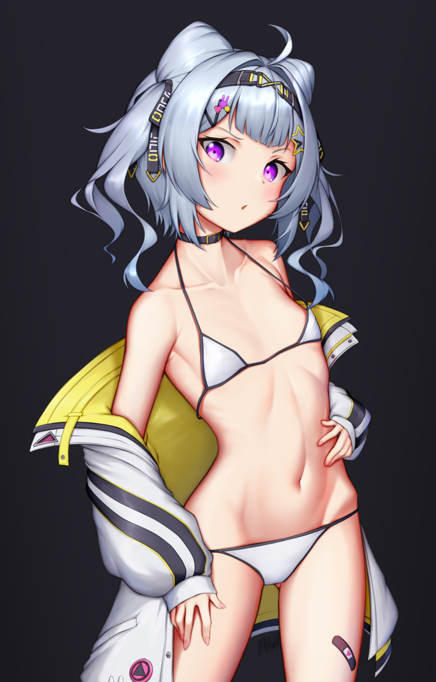 1girl absurdres ahoge bandaid bandaid_on_leg bangs bikini black_choker blue_hair choker cone_hair_bun double_bun flat_chest hair_bun hair_ornament hairband hand_on_own_stomach hand_on_own_thigh highres jacket light_blue_hair looking_at_viewer navel nijisanji nijisanji_en nitrus open_mouth purple_eyes short_hair simple_background solo standing star_(symbol) star_hair_ornament swimsuit two_side_up virtual_youtuber white_jacket zaion_lanza