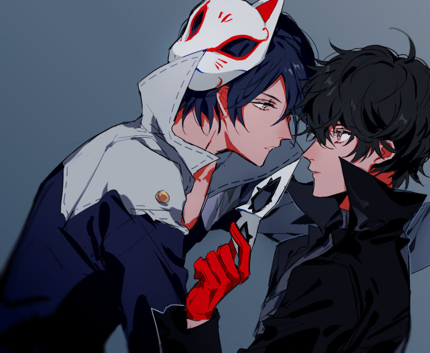 2boys amamiya_ren bangs black_hair black_jacket blue_eyes blue_hair blue_jacket collarbone fox_mask gloves grey_eyes highres jacket kitagawa_yuusuke looking_at_another male_focus mask multiple_boys noren_(noren1512) persona persona_5 red_gloves short_hair yaoi