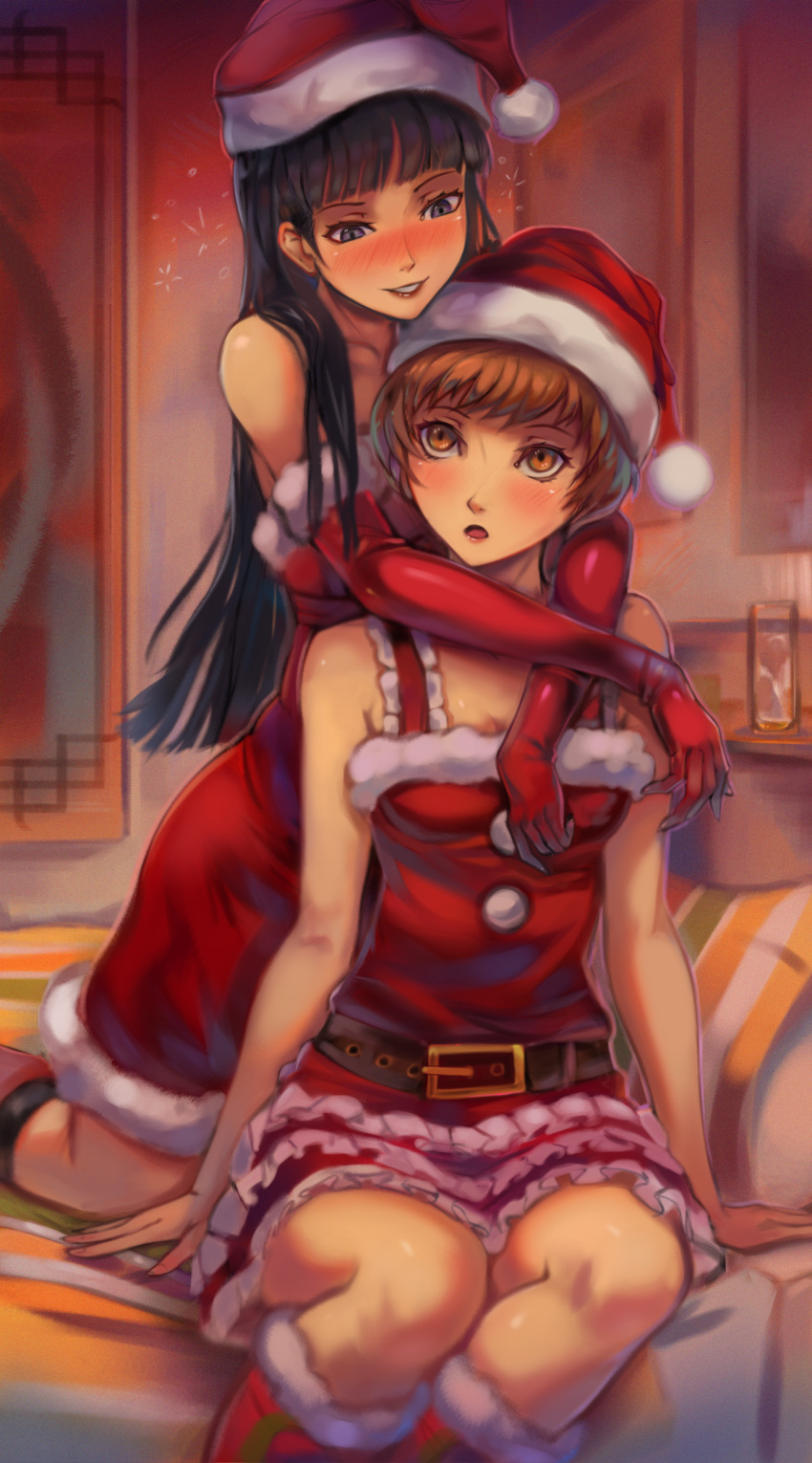 2girls absurdres amagi_yukiko bed belt black_hair blush brown_eyes brown_hair christmas commentary elbow_gloves fur_trim gloves hat highres hug hug_from_behind long_hair multiple_girls official_alternate_costume parted_lips persona persona_4 persona_4_the_golden red_gloves santa_hat satonaka_chie short_hair sitting smile toasty_scones yuri