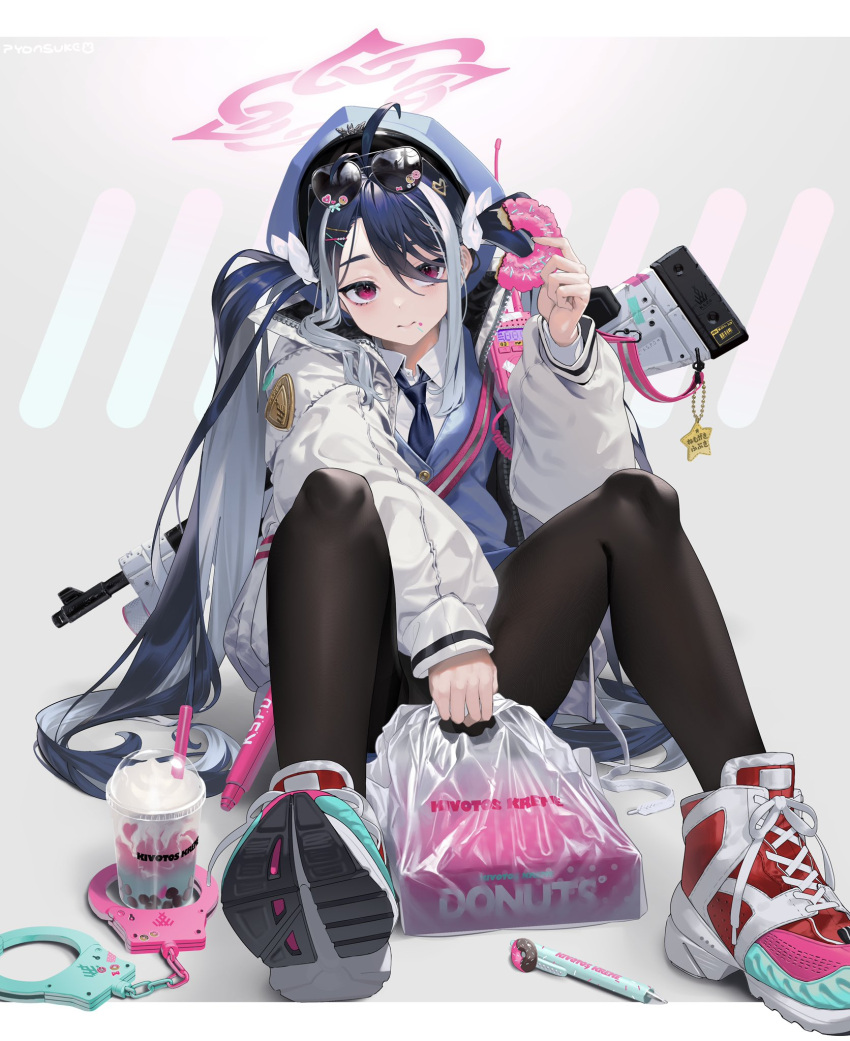 1girl antenna_hair armband bag bangs blue_archive blue_hair blue_headwear blue_vest bow collared_shirt cuffs cup disposable_cup doughnut food fubuki_(blue_archive) grey_hair gun hair_bow hair_ornament halo handcuffs heart heart_hair_ornament highres holding holding_food jacket multicolored_hair necktie pantyhose parted_bangs plastic_bag pyonsuke_(pyon2_mfg) red_eyes rifle shirt shoes sneakers streaked_hair twintails vest weapon white_jacket white_shirt