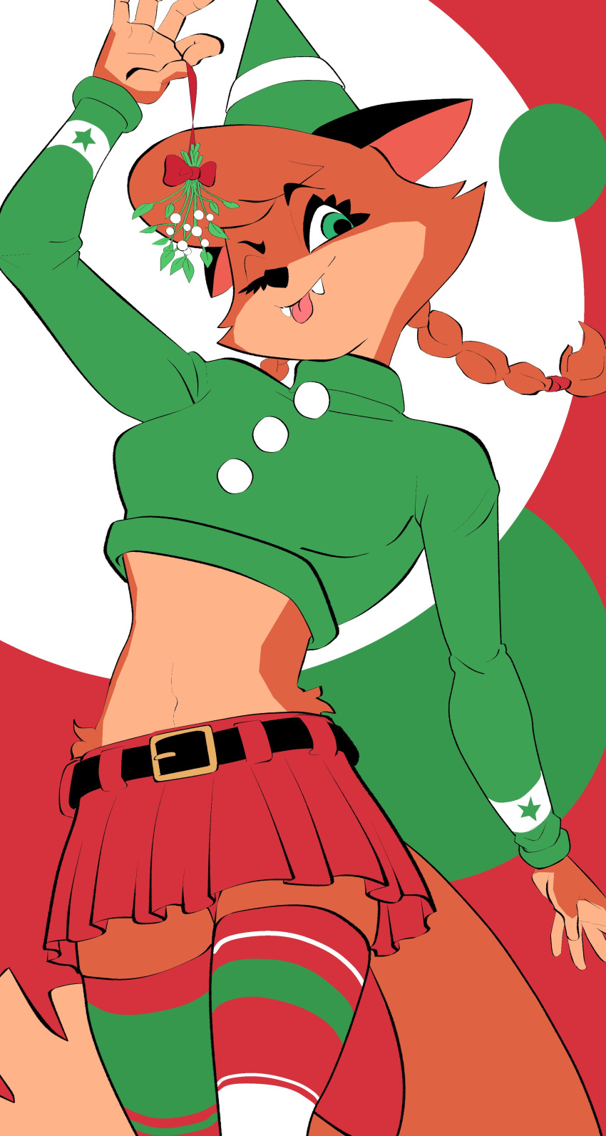 5_fingers absurd_res anthro belt black_nose blep bottomwear braided_pigtails breasts canid canine christmas christmas_clothing clothed clothing countershade_hands countershading curvy_figure cute_fangs elf_hat eyelashes female fingers fox fur green_clothing green_eyes green_sweater green_topwear hair hat headgear headwear hi_res hip_tuft holding_mistletoe holidays hourglass_figure humanoid_hands kingsus legwear long_sleeves looking_at_viewer low-angle_view mammal midriff mistletoe navel one_eye_closed orange_body orange_fur orange_hair patricia_mac_sionnach pattern_clothing pattern_legwear pattern_stockings plant pointy_hat portrait red_bottomwear red_clothing red_skirt skirt smile solo stockings striped_clothing striped_legwear striped_stockings stripes sweater thigh_highs three-quarter_portrait tongue tongue_out topwear tuft wink winking_at_viewer