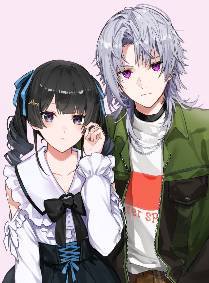 1boy 1girl absurdres arm_cutout bangs black_hair black_skirt blue_eyes blue_ribbon bow bowtie buttons clothing_cutout collarbone cross-laced_clothes earrings frilled_shirt_collar frilled_sleeves frills genderswap genderswap_(ftm) green_jacket grey_hair hair_ribbon hand_in_own_hair high-waist_skirt highres higuchi_kaede jacket jewelry long_hair long_sleeves looking_at_viewer medium_hair mole mole_under_eye necklace nijisanji pocket purple_eyes ribbon rinderon0722 shirt simple_background skirt sleeves_past_wrists standing swept_bangs tsukino_mito virtual_youtuber white_shirt