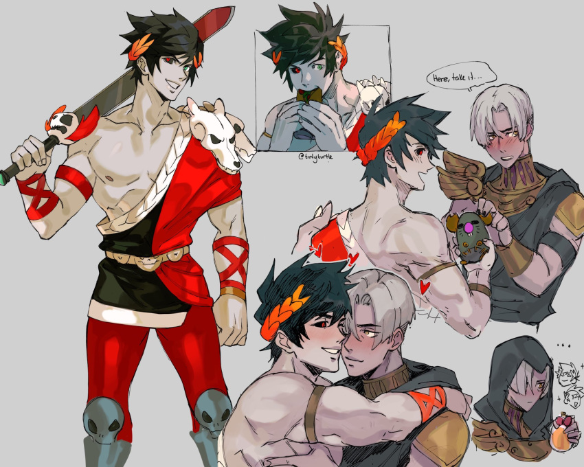 2boys black_hair black_sclera blush colored_sclera couple eating giving greek_clothes green_eyes grey_background grey_hair hades_(series) hades_1 heart heterochromia highres holding holding_sword holding_weapon hood hood_down hood_up hug laurel_crown leggings looking_away multiple_boys nipples red_eyes red_leggings short_hair skull speech_bubble sword thanatos_(hades) tirtyturtle twitter_username weapon yaoi yellow_eyes zagreus_(hades)