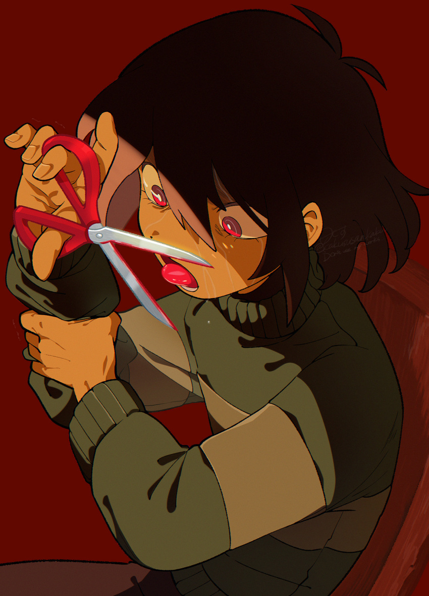 1other bangs brown_hair deltarune green_sweater highres holding holding_own_arm holding_scissors kris_(deltarune) long_sleeves open_mouth red_background red_eyes scissors self_harm senjochi_janai signature simple_background solo sweat sweater tongue tongue_out turtleneck turtleneck_sweater twitter_username