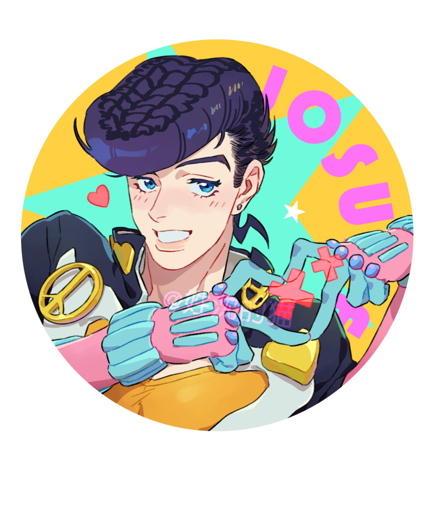 1boy absurdres anchor_symbol blue_eyes blush character_name crazy_diamond diamond_wa_kudakenai earrings gakuran grin heart higashikata_josuke highres honlo jewelry jojo_no_kimyou_na_bouken long_sleeves looking_at_viewer male_focus peace_symbol pompadour portrait purple_hair school_uniform smile stand_(jojo) star_(symbol)