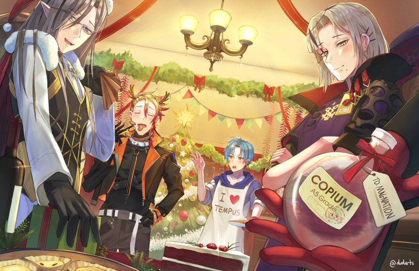 4boys absurdres apron axel_syrios bag black_gloves blonde_hair blue_hair blush cake christmas christmas_tree closed_eyes closed_mouth collarbone cookie crossed_arms dvdarts ear_piercing eating food glasses gloves hand_on_hip hat highres holding holding_bag holostars holostars_english hood hoodie indoors jacket long_sleeves looking_at_another looking_at_viewer magni_dezmond mole mole_under_mouth multicolored_hair multiple_boys noir_vesper open_clothes open_jacket open_mouth piercing pointy_ears purple_hair red_gloves red_hair red_velvet_cake regis_altare santa_hat short_hair smile