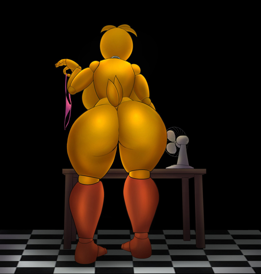 absurd_res animatronic anthro avian big_breasts big_butt bird breasts butt chicken clothing el_jyjys female five_nights_at_freddy's five_nights_at_freddy's_2 floor furniture galliform gallus_(genus) hand_in_panties hand_in_underwear hi_res machine panties phasianid robot scottgames solo table thick_thighs toy_chica_(fnaf) underwear wide_hips yellow_body