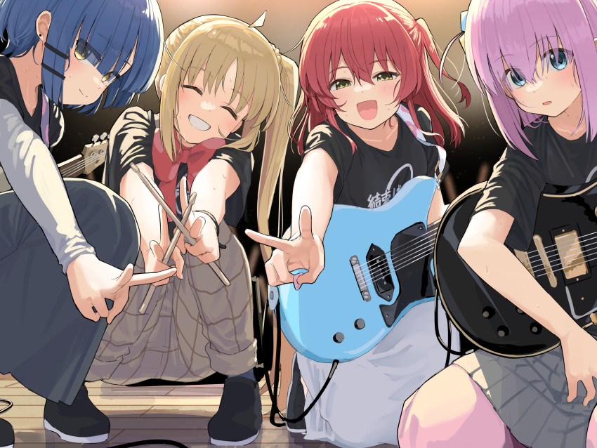 4girls ^_^ absurdres band bass_guitar black_shirt blonde_hair blue_eyes blue_hair bocchi_the_rock! brown_eyes closed_eyes clothes_writing commentary_request cube_hair_ornament drumsticks electric_guitar floor gibson_les_paul gotou_hitori grin guitar hair_ornament highres holding holding_plectrum ijichi_nijika instrument kita_ikuyo long_skirt mameroku multiple_girls one_side_up pants pants_under_skirt pink_hair pink_pants pleated_skirt plectrum red_hair shirt short_sleeves side_ponytail skirt smile squatting sweat t-shirt track_pants v yamada_ryou yellow_eyes