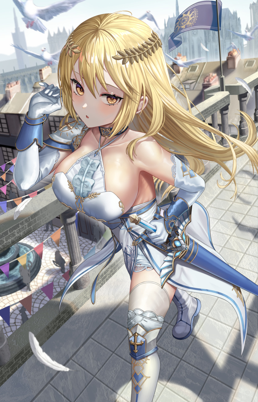 1girl absurdres armor backless_dress backless_outfit bangs bare_shoulders blonde_hair blush boots bracer breasts bunting collarbone commentary curled_fingers dress elbow_gloves english_commentary feathers gloves halterneck hand_on_weapon hand_up highres large_breasts laurel_crown long_hair looking_at_viewer orange_eyes original outdoors parted_lips pauldrons railing shoulder_armor side_slit silvertsuki single_pauldron solo thigh_boots thighhighs thighs town tsurime walking white_footwear white_gloves white_thighhighs