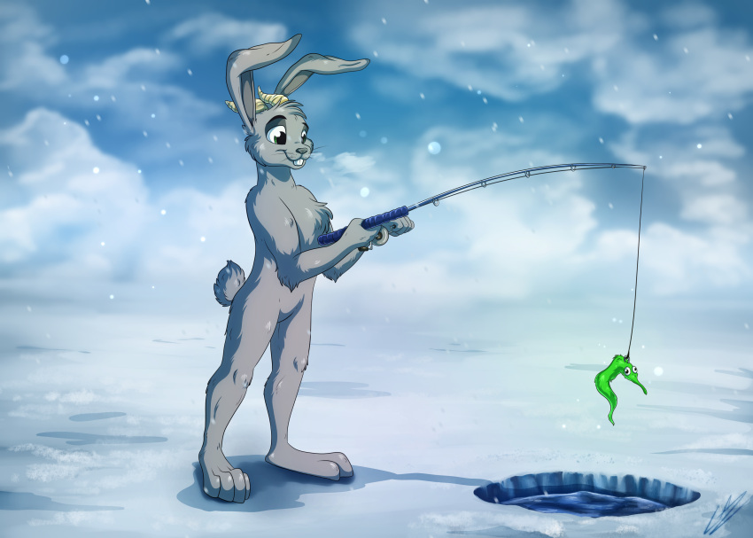 absurd_res anthro bavillabunn3 cold detailed fishing fishing_rod fur hi_res horn lagomorph leporid lupiarts male mammal nude rabbit smile solo squirmle