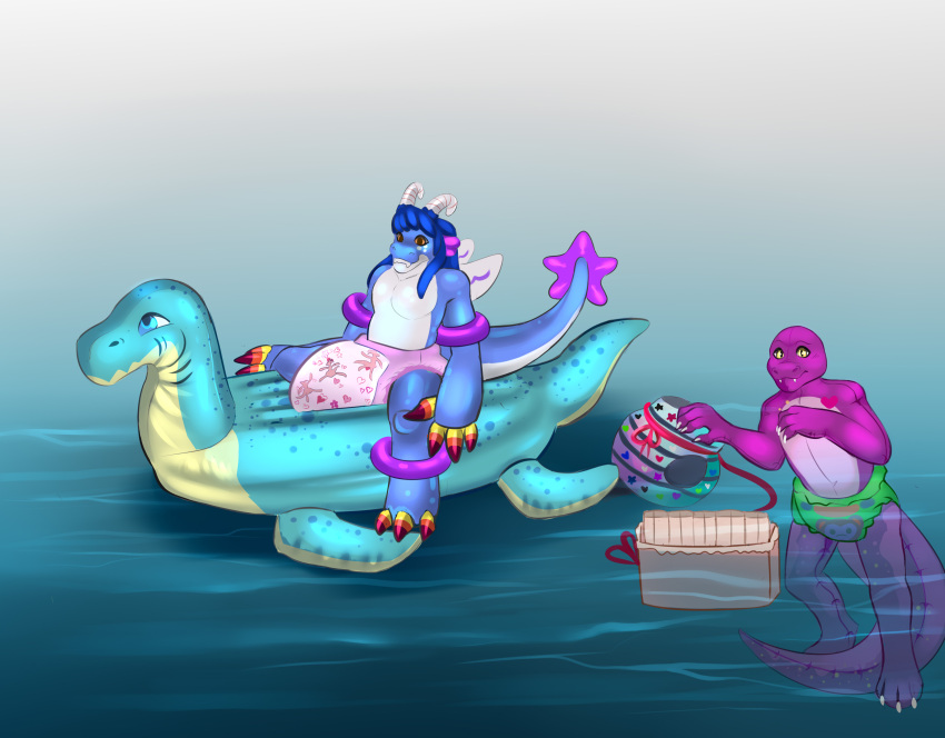 absurd_res angel_dragon animate_inanimate anthro chrissy_(zoran) clothed clothing diaper diaper_fetish diaper_package dinosaur dragon duo female hi_res holding_diaper inflatable inflatable_boat inflatable_toy living_inflatable male marine pattern_diaper plesiosaur pool_toy reptile rings_on_arms rings_on_legs roxy-artist scalie swollen_diaper tail_star theropod touching_diaper tyrannosaurid tyrannosaurus tyrannosaurus_rex water wearing_diaper zoran