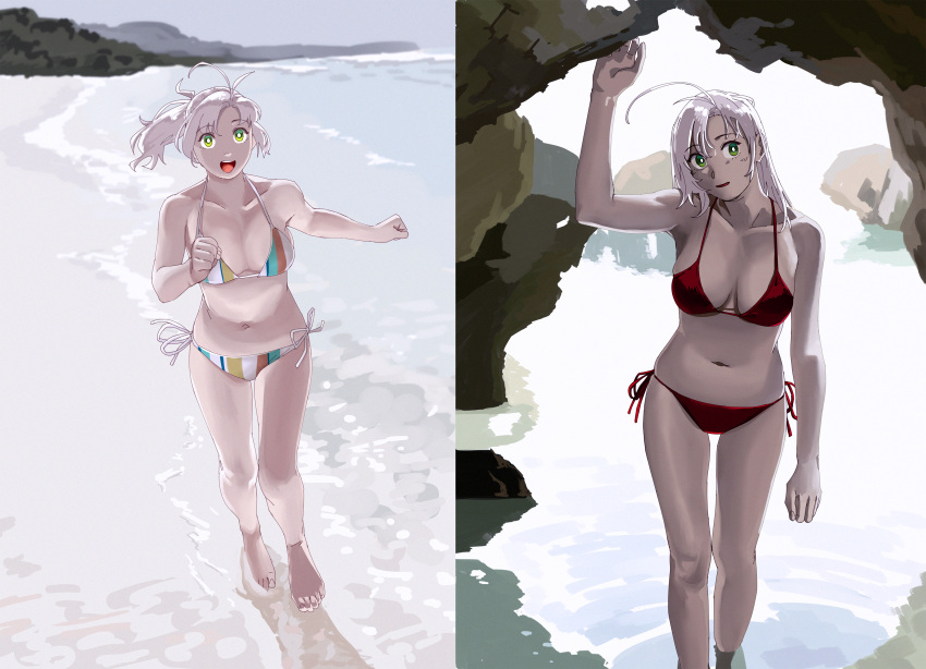 1girl absurdres antenna_hair arm_up barefoot beach bikini breasts cave day footprints green_eyes grey_hair highres kantai_collection kinugasa_(kancolle) large_breasts long_hair looking_at_viewer multicolored_bikini multicolored_clothes multiple_views ojipon open_mouth outdoors parted_lips ponytail red_bikini sand side-tie_bikini_bottom swimsuit teeth upper_teeth_only water