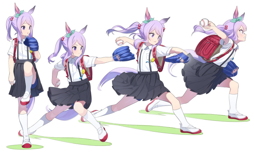 1girl absurdres aged_down animal_ears backpack bag bangs baseball baseball_mitt black_skirt collared_shirt commentary crime_prevention_buzzer female_child furrowed_brow grimace hair_bobbles hair_ornament highres horse_ears horse_girl horse_tail kneehighs light_blush mejiro_mcqueen_(umamusume) motion_blur nishiki_kazue open_mouth pitching pleated_skirt pout purple_eyes purple_hair randoseru red_bag sequential shirt shoes short_twintails sidelocks skirt socks solo standing standing_on_one_leg suspender_skirt suspenders swept_bangs tail twintails umamusume uwabaki white_background white_shirt white_socks wide-eyed