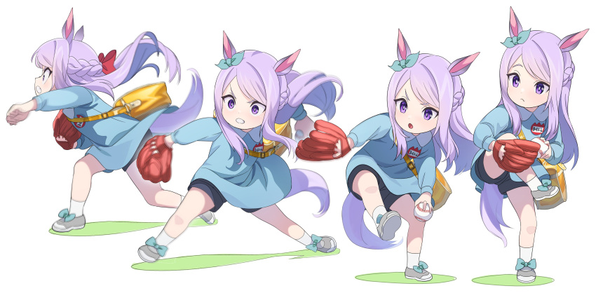 1girl absurdres aged_down animal_ears bag ball baseball baseball_mitt black_shorts blue_dress braid child clenched_teeth closed_mouth dress ear_bow grey_footwear highres holding holding_ball horse_ears horse_girl horse_tail long_hair long_sleeves mejiro_mcqueen_(umamusume) multiple_views name_tag nishiki_kazue open_mouth purple_eyes purple_hair sequential shoes shorts shoulder_bag simple_background socks standing standing_on_one_leg tail teeth umamusume v-shaped_eyebrows white_background white_socks